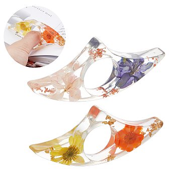 Resin with Dried Flower Thumb Bookmark, Thumb Book Page Holder, Thumb Reading Ring, for Keeping Book Open, Book Lovers Gifts, Fan, Mixed Color, 81x34x10mm, Hole: 22mm, 2pcs/set
