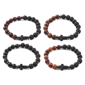 Natural & Synthetic Mixed Gemstone & Wood Cross Beaded Stretch Bracelet, Mixed Color, Inner Diameter: 2-1/4 inch(5.8cm)