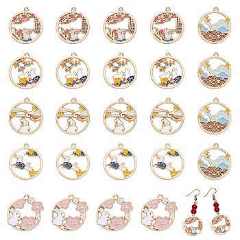 24Pcs 6 Style Easter Alloy Enamel Pendants, Flat Round & Flower with Rabbit, Mixed Color, 27~30x25~27x1~1.5mm, Hole: 1.6~2mm, 4pcs/style