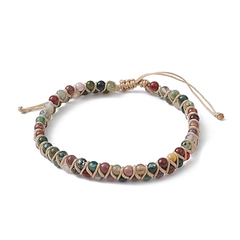 Natural Indian Agate Round Braided Bead Bracelets, Nylon Thread Adjustable Bracelet, Inner Diameter: 2-5/8~4-1/8 inch(6.6~10.6cm)