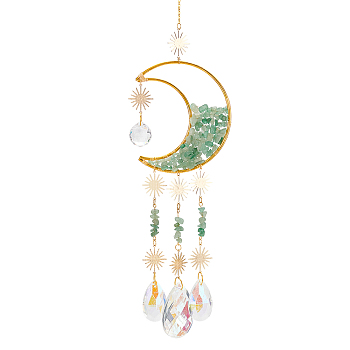Crystal Chandelier Glass Teardrop Pendant Decorations, Hanging Sun Catchers, with Natural Aventurine Chips Beads, for Home Decoration, Sun & Moon, Golden, 436mm
