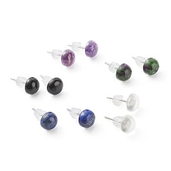 Half Round Natural Mixed Gemstone Stud Earrings for Girl Women, 304 Stainless Steel Earrings, Stainless Steel Color, 8mm, Pin: 0.6mm