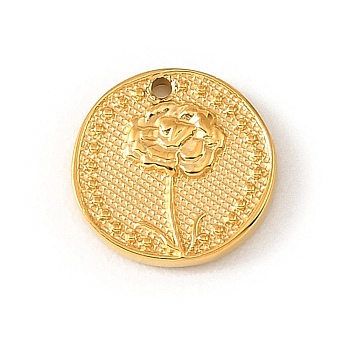 304 Stainless Steel Charms, Flat Round with Flower Charms, Golden, 15x3mm, Hole: 1.4mm