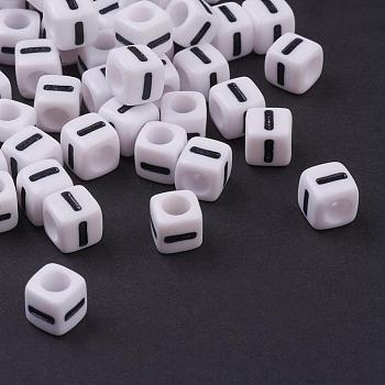 Acrylic Horizontal Hole Letter Beads, Cube, Letter I, White, Size: about 7mm wide, 7mm long, 7mm high, hole: 3.5mm, about 2000pcs/500g