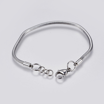 304 Stainless Steel Round Snake Chain Bracelet Making, with Lobster Claw Clasps, Stainless Steel Color, 8-1/8 inch(20.5cm), 3mm, Hole: 4mm