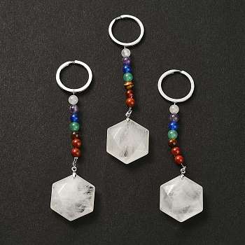 Natural Quartz Crystal Hexagon Pendant Keychain, with 7 Chakra Gemstone Beads and Platinum Tone Brass Findings, 11.4cm
