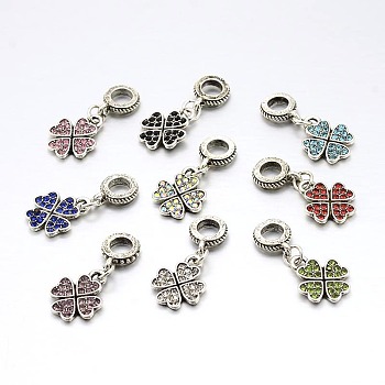 Large Hole Clover Alloy Enamel European Dangle Charms, Antique Silver, Mixed Color, 24mm, Hole: 5mm