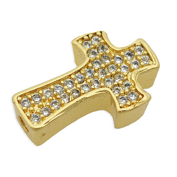 Brass Micro Pave Clear Cubic Zirconia Beads, Cross, Golden, 14x9x4mm, Hole: 1.2mm, 3pcs/bag