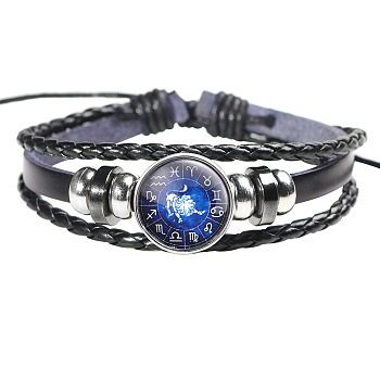 12 Constellation Leather Cord Bracelets, with Alloy Beads and Wax Cord, Flat Round, Leo, 2-3/8 inch(6cm)