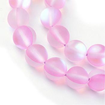 Synthetic Moonstone Beads Strands, Holographic Beads, Dyed, Frosted, Round, Pink, 8mm, Hole: 1mm, about 45~47pcs/strand, 14~15 inch