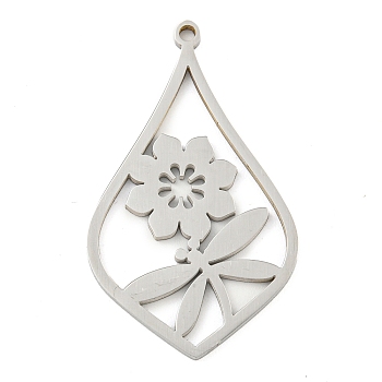 Non-Tarnish 304 Stainless Steel Pendants, Laser Cut, Teardrop with Dragonfly & Flower Charm, Stainless Steel Color, 34.5x20.5x1.3mm, Hole: 1.6mm