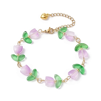 Glass Tulip Flower Beaded Bracelet with 304 Stainless Steel Clasps, Lilac, 7-5/8 inch(19.5cm)