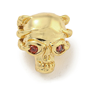 Brass Micro Pave Red Cubic Zirconia Beads, Skull, Real 18K Gold Plated, 11.5x10x9mm, Hole: 2.6mm