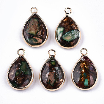 Teardrop Assembled Synthetic Bronzite and Regalite/Imperial Jasper Pendants, with Iron Loop and Brass Edge, Light Gold, Dyed, Medium Sea Green, 22~23x14x5~6mm, Hole: 2mm