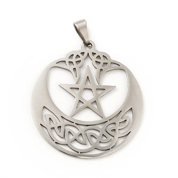 201 Stainless Steel Pendants, Hollow, Flat Round with Star, Stainless Steel Color, 35x32.5x1mm, Hole: 5x2mm