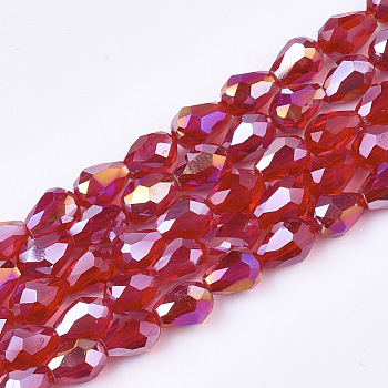 Electroplate Glass Beads Strands, AB Color Plated, Faceted, Teardrop, Red, 7.5~8x6mm, Hole: 1mm, about 66~68pcs/strand, 22.6 inch