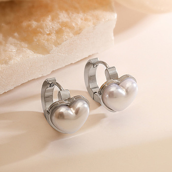 304 Stainless Steel Hoop Earrings, with Imitation Pearl for Women, Heart, White, Stainless Steel Color, 12x13.5mm