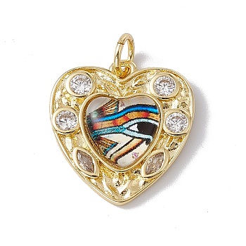 Brass Micro Pave Clear Cubic Zirconia Pendants, with Resin and Jump Rings, Lead Free & Cadmium Free, Heart with Eye, Real 18K Gold Plated, Colorful, 21x19.5x4.5mm, Hole: 4mm