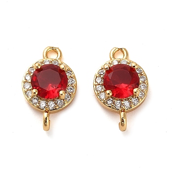 Brass Pave Cubic Zirconia Connector Charms, Flat Round Links, Real 18K Gold Plated, Red, 14.5x9x5mm, Hole: 1.5mm