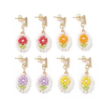 304 Stainless Steel Stud Earrings, Oval with Flower Sead Glass Beaded Dangle Earrings for Women, Mixed Color, 39mm, Pin: 0.7mm, 