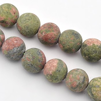 Frosted Round Natural Unakite Beads Strands, 10mm, Hole: 1mm, about 37~39pcs/strand, 14.9~15.6 inch