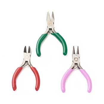 Iron Jewelry Pliers Sets, including Flat Nose Plier, Side Cutting Plier, Round Nose Plier, Mixed Color, 76~80x43~50x7~8mm, 3 styles, 1pc/style, 3pcs/set