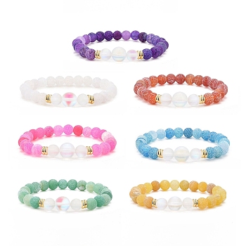 7Pcs 7 Color Natural Weathered Agate(Dyed) & Synthetic Moonstone Round Beaded Stretch Bracelets Set, Gemstone Stackable Bracelets for Women, Mixed Color, Inner Diameter: 2-1/8 inch(5.5cm), 1Pc/color