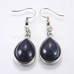 Synthetic Blue Goldstone Dangle Earrings, with Brass Earring Hooks, teardrop, Platinum, 48mm, Pin: 0.5mm(EJEW-P143-A01)