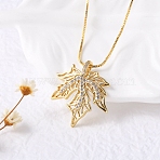 Brass Micro Pave Clear Cubic Zirconia Pendant Necklaces for Women, Real 18K Gold Plated, Leaf, 17.56 inch(44.6cm), Extender: 57mm(NJEW-D305-03G-02)