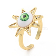 Cubic Zirconia Sun with Evil Eye Open Cuff Ring with Acrylic, Real 18K Gold Plated Brass Jewelry for Women, Cadmium Free & Lead Free, Lawn Green, US Size 6 1/4(16.7mm)(RJEW-B042-09G-04)