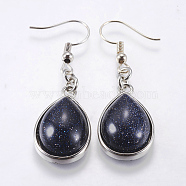 Synthetic Blue Goldstone Dangle Earrings, with Brass Earring Hooks, teardrop, Platinum, 48mm, Pin: 0.5mm(EJEW-P143-A01)