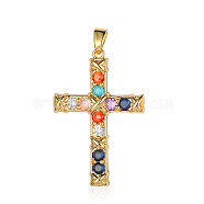 Brass Micro Pave Colorful Cubic Zirconia Pendants, Cross Charms, Real 18K Gold Plated, 32x21x3.8mm(ZIRC-OY006-01G)