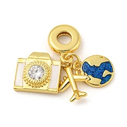 Rack Plating Brass Enamel European Dangle Charms, Airplane Earth Camera Large Hole Charms, with Cubic Zirconia, Long-Lasting Plated, Lead Free & Cadmium Free, Real 18K Gold Plated, 33.5mm, Airplane: 14x10x3mm, Camera: 12.5x13.5x4mm, Earth: 13x10x2mm, Hole: 4.5mm(X-KK-R153-13G)