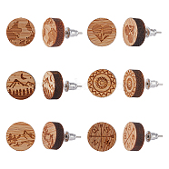 Natural Wood Stud Earrings, with Stainless Steel Stud Earring Findings and Ear Nuts, Flat Round with Pattern, Bisque, 12x4mm, Pin: 0.6~0.7mm, 6 patterns, 1pair/pattern, 6pairs/box(EJEW-SC0001-22P)