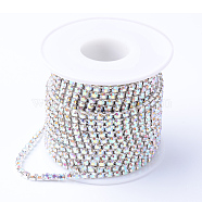 Brass Rhinestone Strass Chains, Rhinestone Cup Chains, with Spool, Silver Color Plated, Crystal AB, 2.3~2.4mm, about 10yards/roll(CHC-T001-SS8-02S)