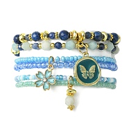 4Pcs 4 Style Natural Mixed Gemstone & Seed Beaded Stretch Bracelets Set, Flower & Butterfly Alloy Enamel Charms Stackable Bracelets for Women, Blue, Inner Diameter: 2-1/8 inch(5.4cm), 1Pc/style(BJEW-JB09606-03)