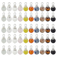 100Pcs 10 Styles Natural Mixed Gemstone Pendants, Round Charms with Silver Color Plated Iron Flower Caps, 16x8mm, Hole: 2mm, 10pcs/style(PALLOY-GO00003)