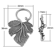 Alloy Toggle Clasps, Cadmium Free & Nickel Free & Lead Free, Leaf, Antique Silver, Toggle: 36x22x4.5mm, Hole: 1.5mm, Bar: 24x7x4.5mm(PALLOY-A20005-AS-FF)