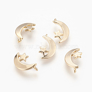 Brass Charms, Moon & Star, Nickel Free, Real 18K Gold Plated, 13x7x1mm, Hole: 1mm(X-KK-T020-118G)