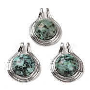 Natural African Turquoise(Jasper) Pendants, Flat Round Charms with Rack Plating Platinum Tone Brass Findings, Cadmium Free & Lead Free, 28x22x8mm, Hole: 2x4mm(G-M405-06P-02)