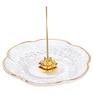 Lotus Shaped Brass Incense Holder, with Glass Flower Ash Trays, Home Display Decorations, Golden, 103x16mm(DJEW-WH0043-11B)