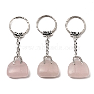 Natural Rose Quartz Bag Pendant Keychain, with Platinum Tone Brass Findings, for Bag Jewelry Gift Decoration, 7.4cm(G-Z033-16P-08)