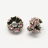 Alloy Rhinestone European Beads, Flower Large Hole Beads, Antique Silver, Light Rose, 12x8mm, Hole: 5mm(MPDL-R036-04I)