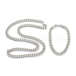 304 Stainless Steel Cuban Link Chain Bracelets & Necklaces Jewelry Sets, with Lobster Claw Clasps, Stainless Steel Color, 23.62 inch(60cm), 9-1/8 inch(23cm), Link: 10x8x3mm(SJEW-B019-03B-P)