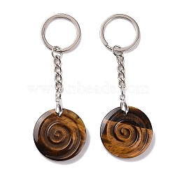 Natural Tiger Eye Vortex Pendant Keychain, with Brass Keychain Ring, 9cm(KEYC-E038-01P-02)