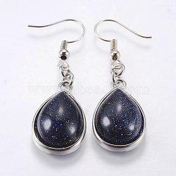 Synthetic Blue Goldstone Dangle Earrings, with Brass Earring Hooks, teardrop, Platinum, 48mm, Pin: 0.5mm(EJEW-P143-A01)