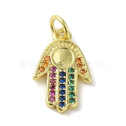 Brass Micro Pave Cubic Zirconia Pendants, Real 18K Gold Plated, Hamsa Hand Charms, Colorful, 17x10.5x1.5mm, Hole: 3mm(KK-M283-13F-02)