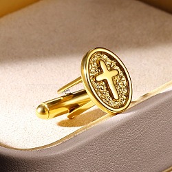 304 Stainless Steel Cufflinks, Flat Round with Cross, Golden, 19.5x17.5x14.5mm(STAS-S170-01G)