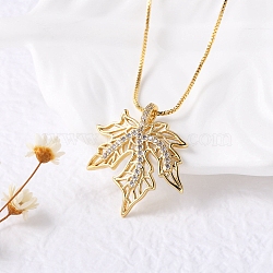 Brass Micro Pave Clear Cubic Zirconia Pendant Necklaces for Women, Real 18K Gold Plated, Leaf, 17.56 inch(44.6cm), exdenter: 57mm(NJEW-D305-03G-02)