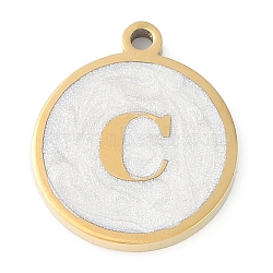 Ion Plating(IP) 201 Stainless Steel Pendants, with White Enamel, Real 18K Gold Plated, Flat Round with Letter, Letter C, 18.5x15.5x2mm, Hole: 1.6mm(STAS-K288-02G-C)